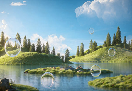 Soap bubbles floating on the lake with green grass and blue sky