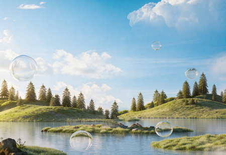 Soap bubbles flying in the blue sky over the lake with green grass and treesの写真素材