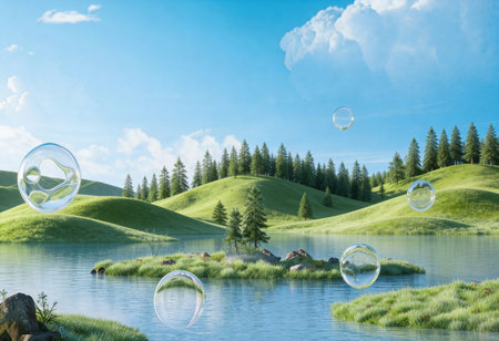 Soap bubbles floating in the lake with green hills and blue sky