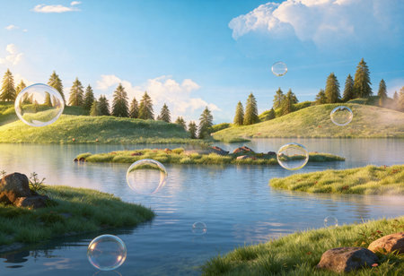 Soap bubbles on the background of the lake and the forest.
