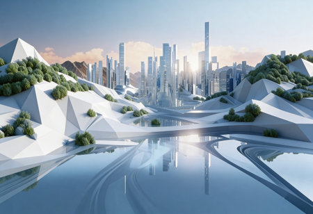 Modern cityscape with green trees and blue sky. 3d rendering