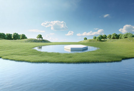 green grass and blue sky. 3d renderの写真素材