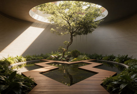 Luxury garden with swimming pool and a tree in the middle
