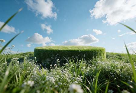 Green grass with white daisies and blue sky with white clouds