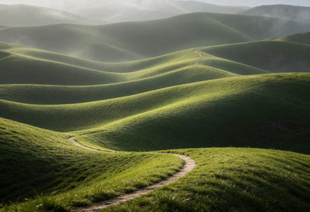 Mountain landscape in the morning light. Green hills and path.