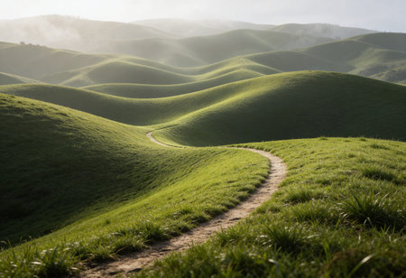 Landscape of green hills and path in the morning at sunrise.