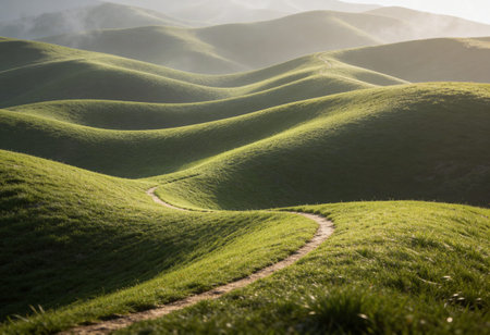 Beautiful landscape of green hills in the morning light at sunset time