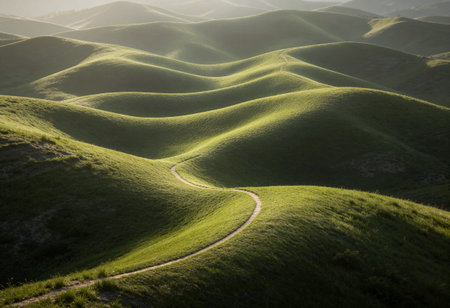 Landscape of green hills in the morning light at sunset, Carpathians, Ukraine