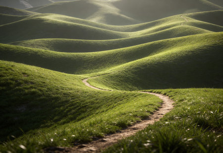 Beautiful landscape with green grassy hills and a dirt road.
