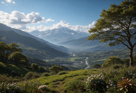 Beautiful landscape with a view of the mountains and the river.の写真素材
