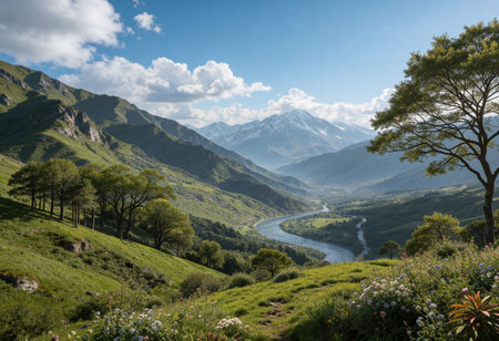Mountain landscape with river and blue sky, Kyrgyzstan