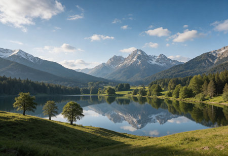Mountain landscape with lake and trees in the foreground, Switzerland.