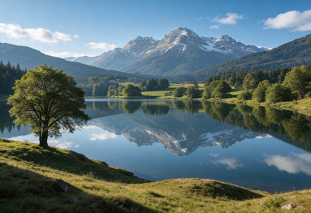 Mountain landscape with lake and tree in foreground, Alps, Switzerland