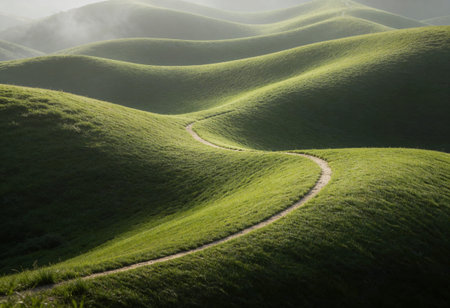 Green hills in the morning mist, South San Francisco, California, USAの写真素材