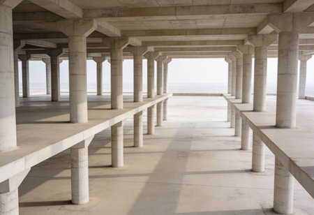 The interior of a building with white columns on the seashore