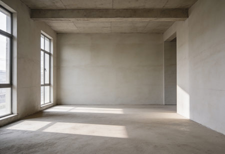 Interior of empty room with concrete walls, windows and floor.の写真素材