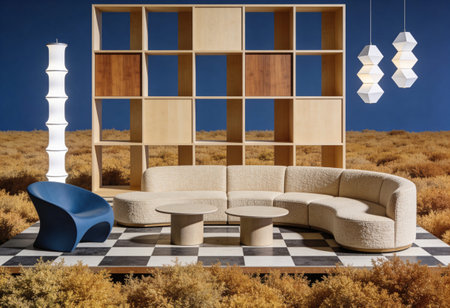 Interior of a modern living room with a brown sofa and a blue armchairの写真素材