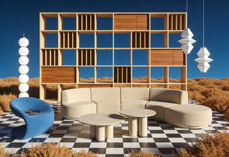 Interior of a modern living room with a sofa and a bookcase