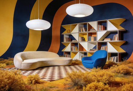 Interior of a modern living room with a blue armchair and bookshelvesの写真素材