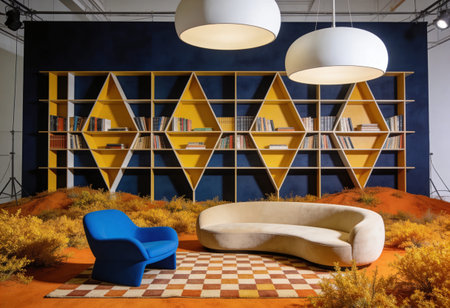 interior of modern library with bookshelf and comfortable armchairの写真素材