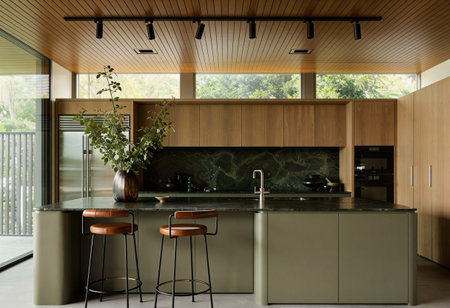 interior of modern kitchen with green and brown furniture, nobody inside