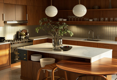 3d render of modern kitchen in a house with a beautiful designの写真素材