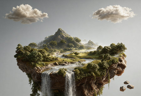 Fantasy landscape with waterfall and clouds. Mixed media. Mixed media