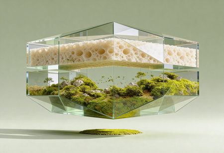 Glass florarium on a green background. 3D rendering.