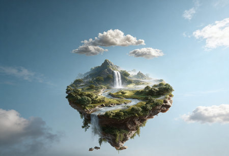 Floating island with waterfall and clouds on blue sky. Mixed media