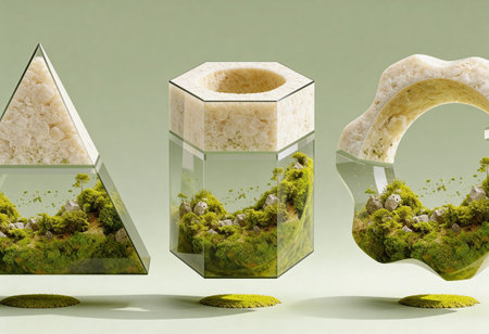 Moss and rocks in a glass vase on a green background