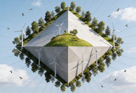 Concept of renewable energy with windmills. 3d rendering