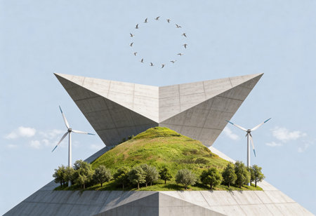 Conceptual image of modern building with wind turbines. 3D renderingの写真素材
