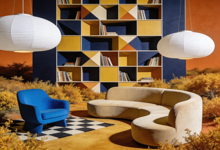 Interior of a modern living room with a blue armchair and a bookcaseの写真素材