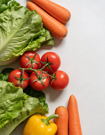 Vegetables on a white background. Top view, copy space