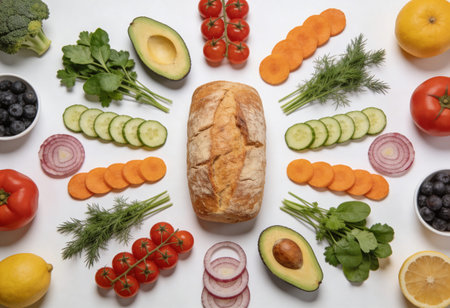 Healthy food background. Vegetables, fruits and bread. Top view.の写真素材