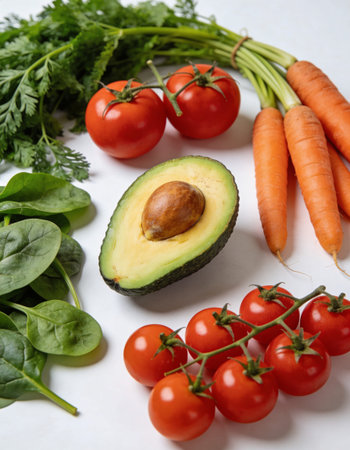 Healthy food. Fresh vegetables and fruits on a white background.