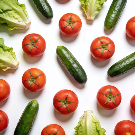 Cucumbers, tomatoes and lettuce on white background, top viewの写真素材