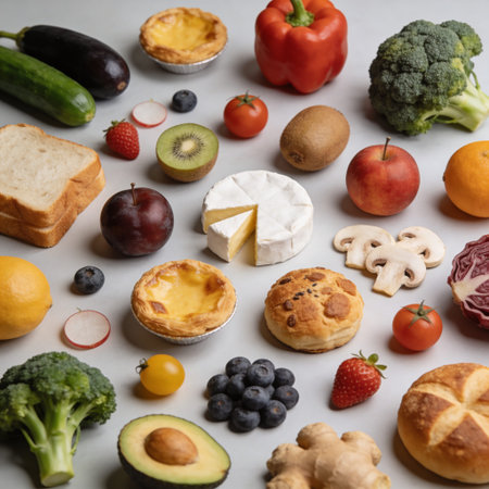 Variety of fruit and vegetables on white background. Top view.