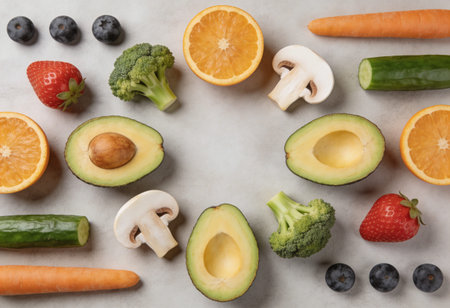 Healthy food background. Fresh fruits and vegetables. Top view.の写真素材