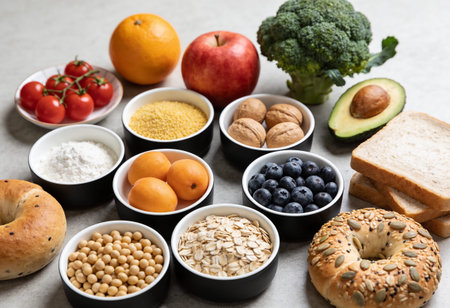 Healthy food clean eating selection: fruits, vegetables, cereals and nuts. Balanced diet concept.
