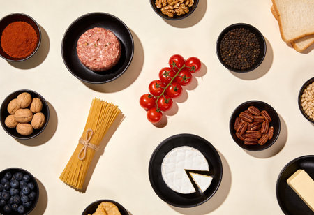 Foods rich in protein on a light background. Top view.