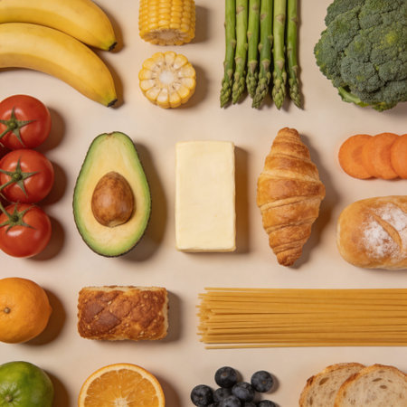 Healthy food background. Top view of fresh vegetables, pasta, fruit and bread.