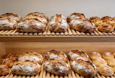 Freshly baked bread on a shelf in a bakery. Selective focus.