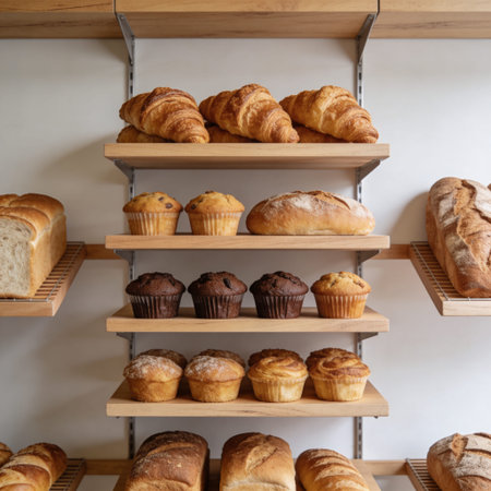 Different types of bread on the shelves in the bakery shop. Bakery concept
