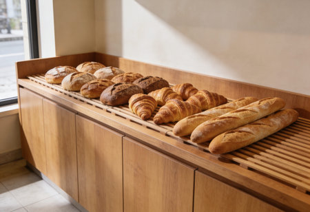 Freshly baked breads on a wooden shelf in a bakery shop