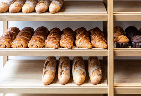 Freshly baked croissants on a shelf in a bakery shop