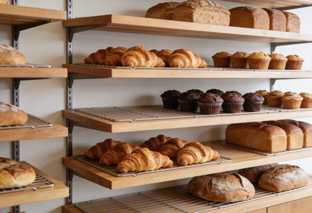 Shelves with different types of bread on shelves in bakery shop