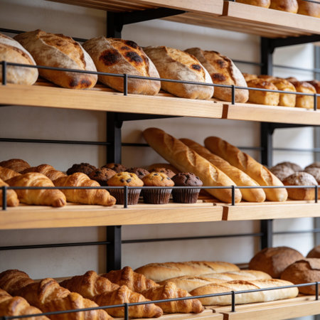 Different types of bread on shelves in bakery shop. Bakery concept