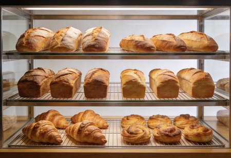 Bakery products on shelf in bakery shop. Bakery products.