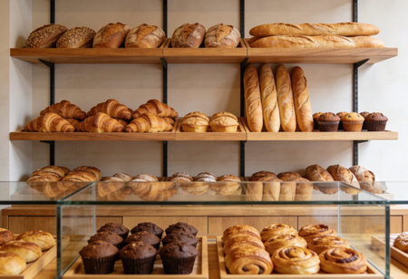 Bakery shop shelves with different kinds of bread and pastries.